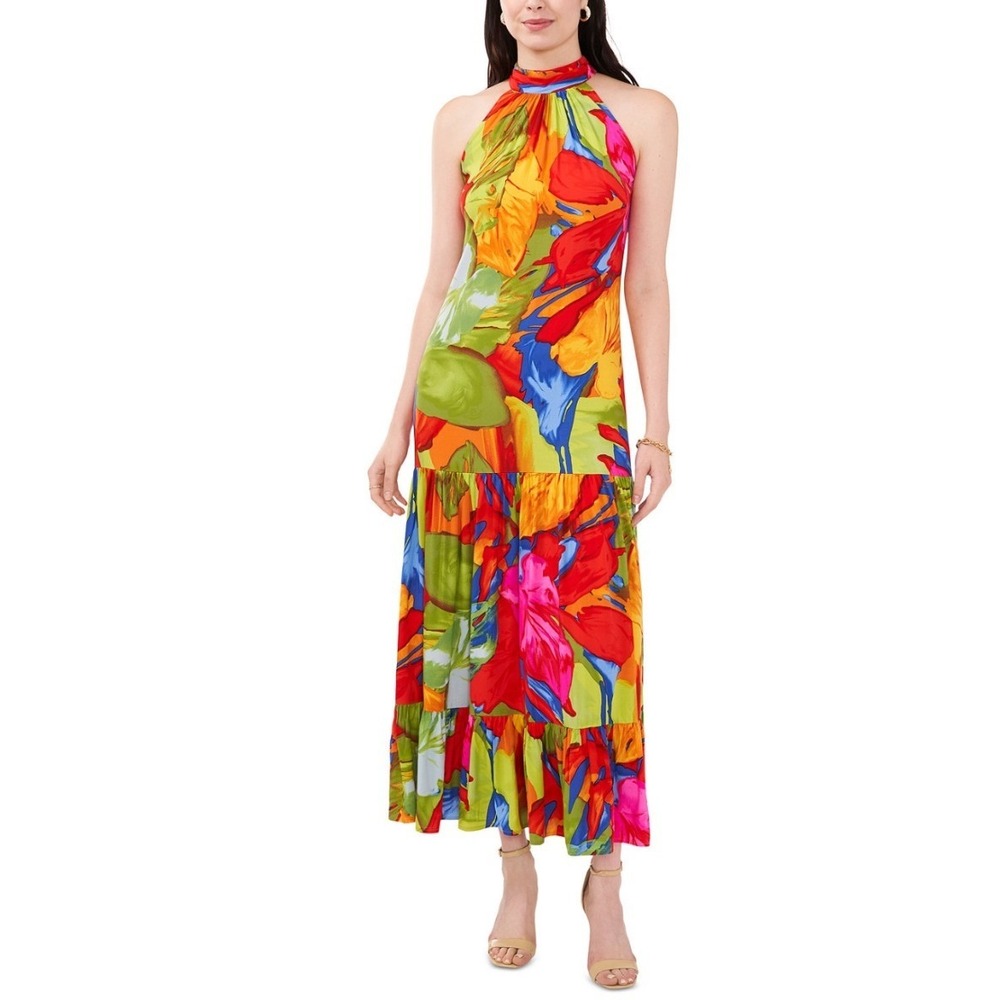 MSK Floral‎ Halter Maxi Dress Multicolor Tropical Tiered Resortwear Size Large